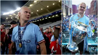 Haaland appears to troll Arsenal with song at Man City's treble party
