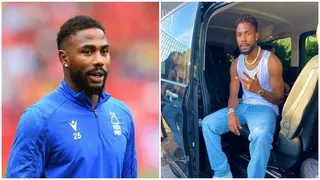 Super Eagles Striker Dennis Steps Out in Expensive Ride, Silver Chain in England