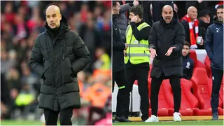 Watch Manchester City manager Pep Guardiola fall to his knees as Mohamed Salah scores for Liverpool