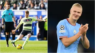 Erling Haaland reacts brilliantly to Kevin De Bruyne's free kick against Leicester City