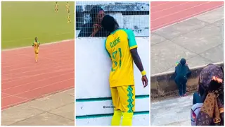 NPFL Star Uche Runs Entire Pitch to Find and Celebrate Goal With His Girlfriend, Gets a Kiss