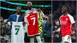 Bukayo Saka gifts Boston Celtics star Jaylen Brown his jersey as Arsenal reaches UCL QF
