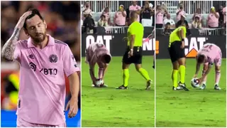 Lionel Messi caught moving ball illegally before free kick, referee stops him, video