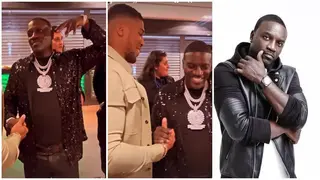 Akon flaunts multimillion dollar diamond crested necklace as he meets Anthony Joshua