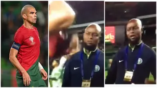 Video shows Super Eagles assistant coach Finidi 'dragging' Pepe's shirt with Moses Simon after Portugal friendly