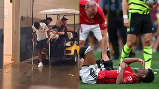 Panic as Man United forward spotted after leaving stadium on crutches