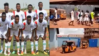 Shocking video of Ghana Premier League players arriving on tricycles for a match against Hearts of Oak