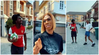 Reactions as Nasboi forces James Brown to play football in trending video