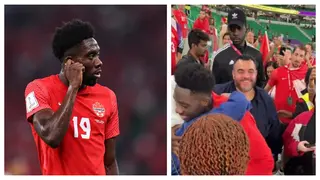 Alphonso Davies rushes to meet his family members after Canada's loss to Morocco, video