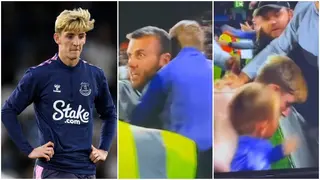 Shock as man drops a child to hug Everton star and Chelsea target Anthony Gordon