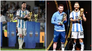 Messi's reaction to being honoured with a statue next to Pele and Maradona by CONMEBOL