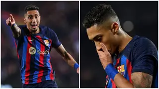 Watch Raphinha punch seat repeatedly in meltdown after Barca star is subbed against Man Utd