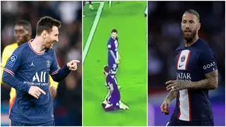 Lionel Messi appears to laugh at Sergio Ramos after veteran defender missed overhead kick against Monaco