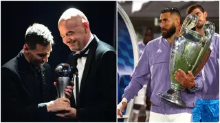 Real Madrid forward Benzema reacts after Messi claimed FIFA The Best Player award