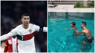 Adorable moment as Cristiano Ronaldo throws son into the pool for swimming; Video