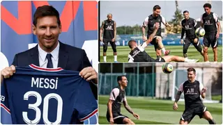 Lionel Messi beams with excitement as he trains with PSG teammates for the first time