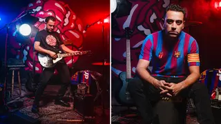 Xavi Hernandez displays funny guitar prowess during Barcelona's unveiling of exclusive El Clasico jersey