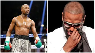 Floyd Mayweather breaks down on stage after induction into boxing Hall of Fame