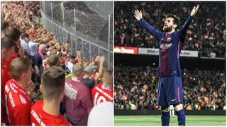 Hilarious footage of Bayern Munich supporters clapping back at Barcelona with 'Messi' chant emerges