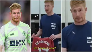 Hilarious Moment As Kevin De Bruyne Receives Man United Jersey With His Name and His Reaction Is Priceless