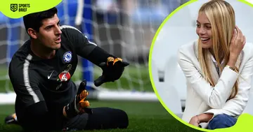 On the left, Thibaut Courtois makes a save for Chelsea. On the right, his girlfriend-now-wife watches him in action during a Real Madrid training session.