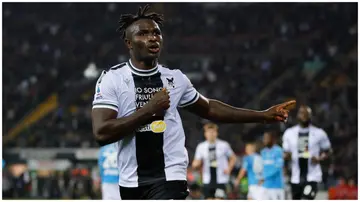 Udinese's Isaac Success celebrates scoring the equaliser against Napoli in their Serie A game at the Bluenergy Stadium on May 6, 2024.