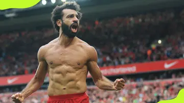 Mohamed Salah celebrates at Anfield
