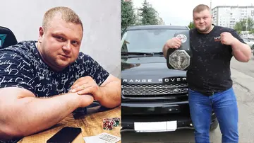 Russian arm wrestler Dmitry Silaev sited at a table and standing new a black car