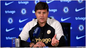 Mauricio Pochettino speaks during a press conference at Chelsea Training Ground. Photo by Darren Walsh.