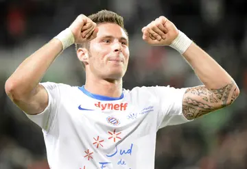 Giroud playing for Montpellier in 2012, the year in which they beat PSG to the Ligue 1 title