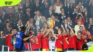 Torres and teammates celebrate with the Trophy after winning the UEFA Euro 2008 Final match