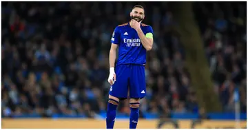 Karim Benzema looks dejected during the UEFA Champions League Semi Final Leg One match between Man City and Real Madrid. Photo by Simon Stacpoole.