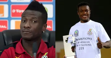 Asamoah Gyan at a presser and Issahaku after AFCON U20. SOURCE: Twitter/ @ghanafaofficial