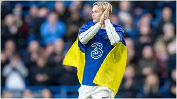 Mykhailo Mudryk is presented to the fans at half-time during the Premier League match between Chelsea FC and Crystal Palace at Stamford Bridge. Photo by Sebastian Frej.