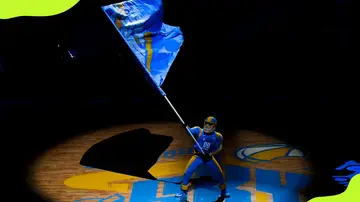 Chicago Sky's mascot, Sky Guy, waves a flag