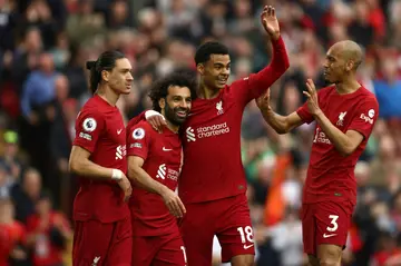 Liverpool celebrate Mohamed Salah's goal against Brentford