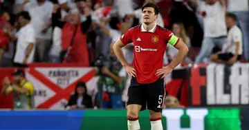 Manchester United's Harry Maguire looks dejected during the UEFA Europa League quarter-final second-leg match at the Ramon Sanchez-Pizjuan Stadium. Photo by Isabel Infantes.