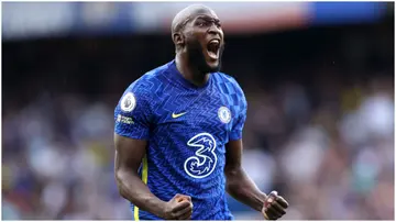 Romelu Lukaku celebrates after scoring t during the Premier League match between Chelsea and Aston Villa at Stamford Bridge. Photo by Eddie Keogh.