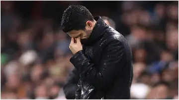 Mikel Arteta reacts during the Premier League match between Fulham FC and Arsenal FC at Craven Cottage. Photo by Alex Pantling.