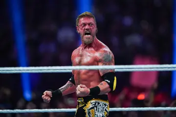 Edge reacts during WWE Royal Rumble at the Alamodome