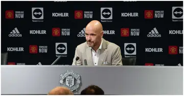 Erik ten Hag of Manchester United speaks during a press conference to announce his arrival at Old Trafford. Photo by Ash Donelon.