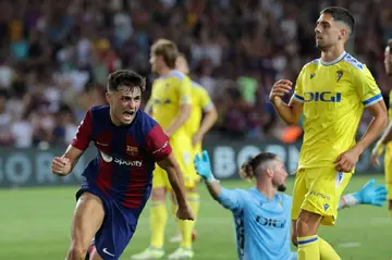 Pedri celebrates after breaking the deadlock against Cadiz at the Olympic Stadium