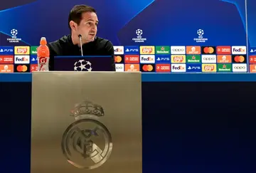 Chelsea coach Frank Lampard gives a press conference at the Santiago Bernabeu stadium in Madrid