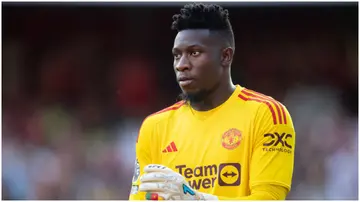 Andre Onana in action during the Premier League match between Arsenal FC and Manchester United at Emirates Stadium. Photo by Visionhaus.