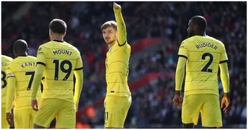 Timo Werner celebrates after scoring their side's fifth goal during the Premier League match between Southampton and Chelsea. Photo by Steve Bardens.