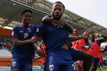 Bebe celebrates after scoring Cape Verde's opening goal against Mozambique