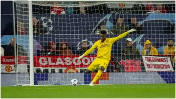 Andre Onana in action during the UEFA Champions League match between Manchester United and Galatasaray at Old Trafford. Photo by Ash Donelon.