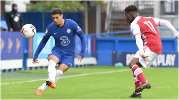 Levi Colwill in action during the PL2 match between Chelsea Dev Squad v Arsenal U23s at Kingsmeadow. Photo by Clive Howes.