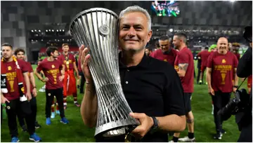 Jose Mourinho lifts the UEFA Europa Conference League Trophy after Roma's victory during the UEFA Conference League final match between AS Roma and Feyenoord at Arena Kombetare. Photo by Valerio Pennicino.