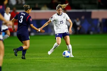 Korbin Albert of the United States in action during the 2024 Concacaf Women's Gold Cup against the Dominican Republic.